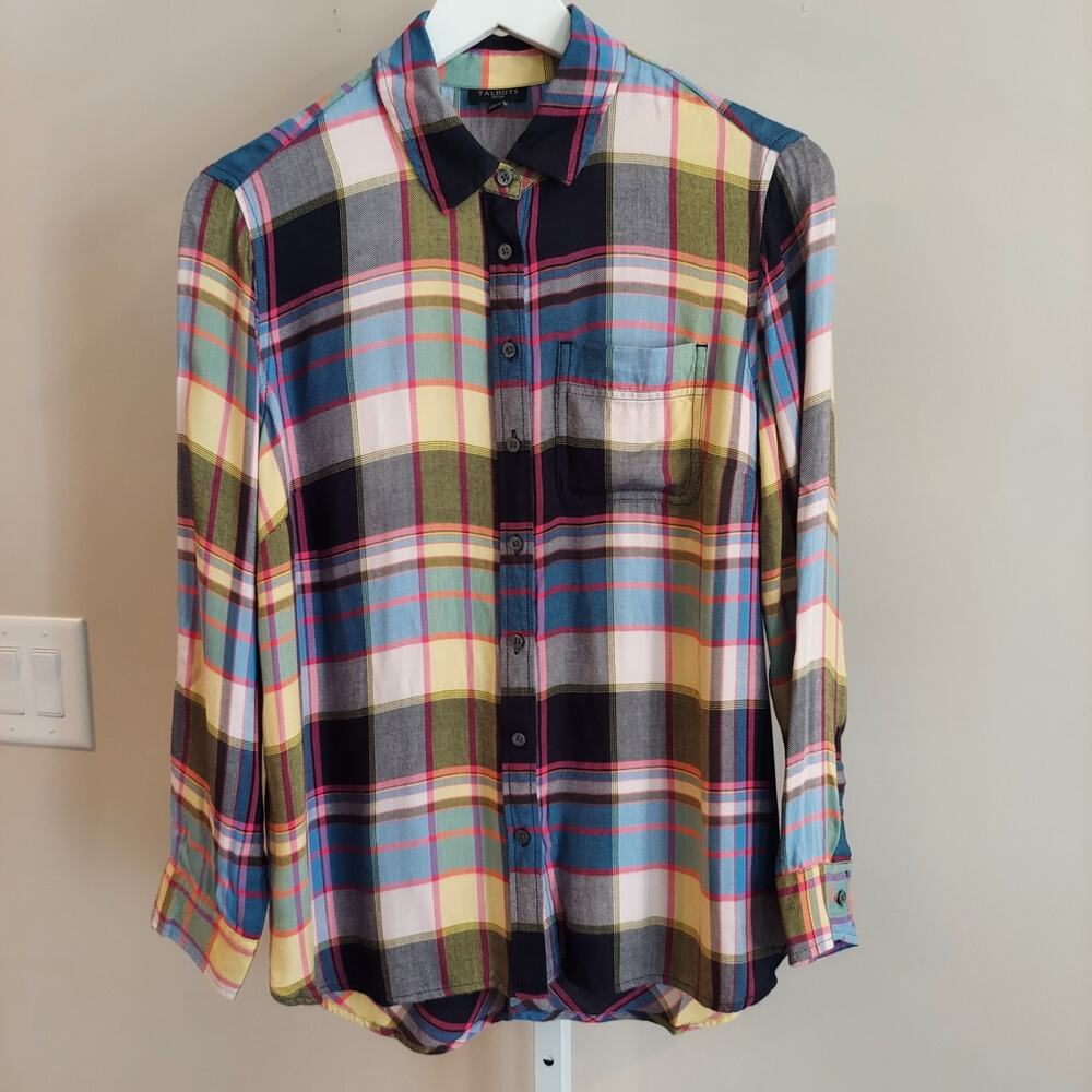 Talbots Plaid Button Up Shirt MP Colorful Rainbow Grunge Soft Cozy Shirt